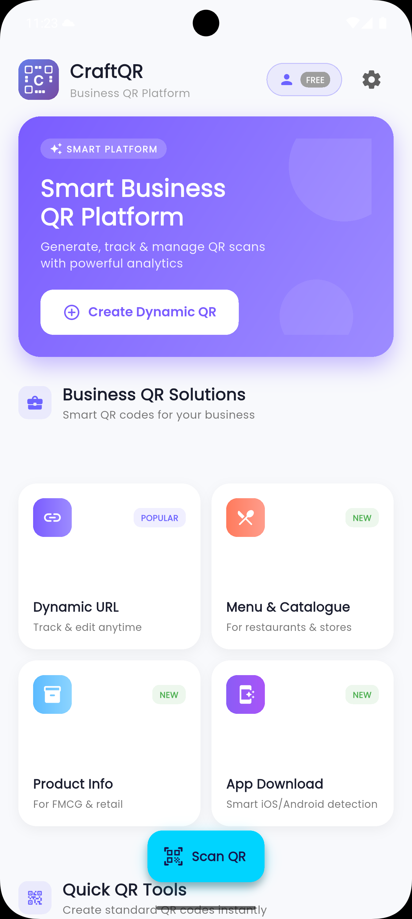 CraftQR app home screen showing Smart Business QR Platform with QR type options